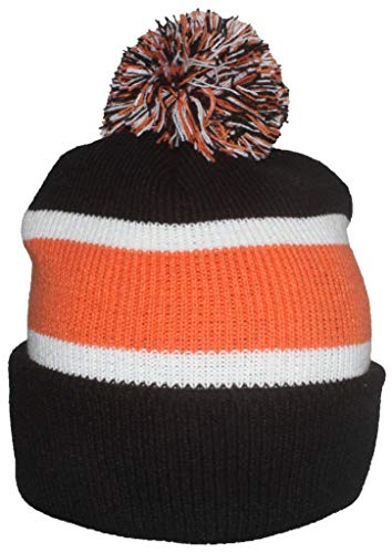 Best Winter Hats Quality Cuffed Cap with Large Pom Pom (One Size)(Fits Large Heads) - Black/Orange