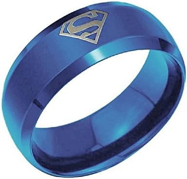 8mm Blue Superman Symbol Men His Tungsten Stainless Steel Ring Band