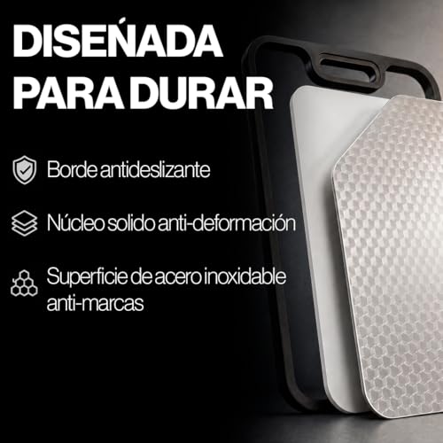 Tabla de Cortar Acero Inoxidable Doble Cara Sin BPA Higiénica y Sin Olores Evita Contaminacíon Cruzada Apta Lavavajillas (38x26cm)