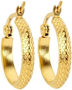 Small Cute Simple Style Women’s Circle Round Hoop Huggie Loop Stainless Steel Earrings (Gold Tone, Multi-Style) (Plaid Style - 20mm)