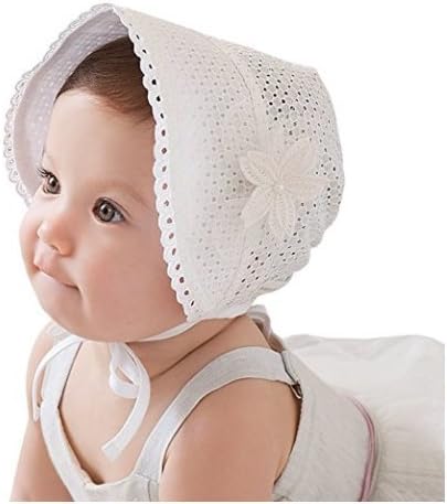 Nara Baby Kin, 2 piece Basic Bonnet and Socks Set, Baby Girls Toddlers Breathable Sun Protection Hat with Eyelet Lace Trimmed Hat and Sock Set (6 - 12 Month, White)