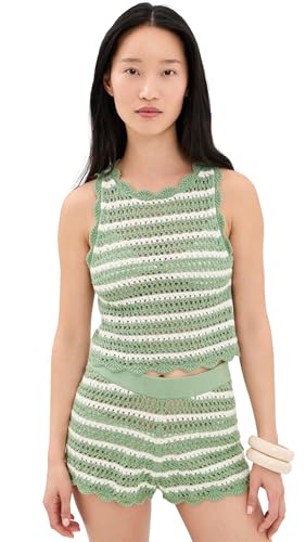 alice + olivia Women's Amity Pointelle Tank, Sage/Soft White, L