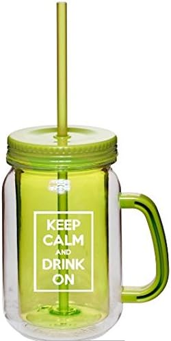 Best Mason Jar with Handle - Novel Saying "Keep Calm and Drink On" Large 17 oz - Sturdy Design - BPA Free Double Walled Mason Jar with Handles