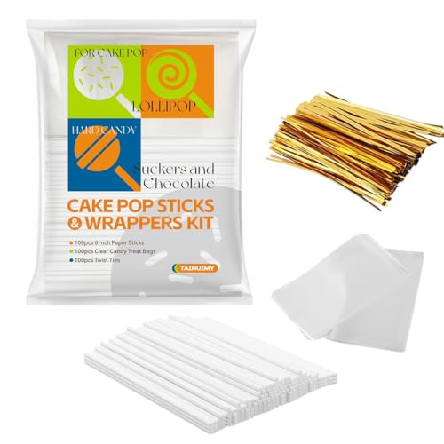 300Pcs 6 Inch(4MM DIA) Cake Pops Sticks,Lollipop Sticks, Cake pop Bags and Wrappers Chocolates and Cookies Set Including 100 Parcel Bags, 100 Papery Treat Stick, 100 Colorful Metallic Twist Ties