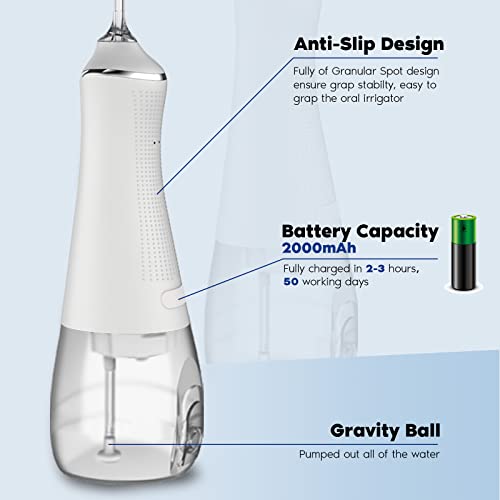 MonaSmile Water Dental Flosser Cordless- 3 Modes & IPX6 Waterproof & 5 Nozzles - 300ML Portable Oral Irrigator for Teeth Deep Cleaning, Home Travel Use (White)