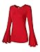 SunnyLady Women Lace Up Blouse Tie Back Ruffle Trumpet Long Bell Sleeve Flare Knit Top Red XL