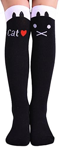 Girls Pack of 2 Cartoon Cat Kitty Stripped Over the Calf Knee High Socks Stockings 2 Pack (Black &amp; Stripe Cat Heart)