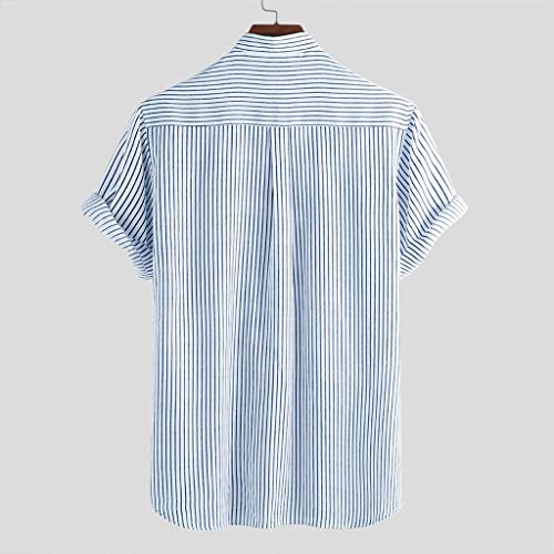 QIBOOG Mens Casual Short Sleeve Shirts Button Down T-Shirt Tees Stand Collar Stripe Summer Beach Tops Blouse (Blue, L)