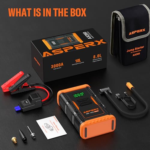 AsperX Arrancador de batería con compresor de Aire 150PSI, Arrancador de batería Portátil de 3000 A 12 V para Motor de Gasolina de hasta 10,0 l o diésel de 8.0 l, con Pantalla 3,4 Pulgadas, luz LED