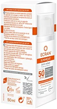 Sunnique - Fluido Facial Solar Anti-edad FPS 50+, con Ácido Hialurónico, Protección Muy Alta UVB + UVA e IR-A, Anti Arrugas y Anti Manchas, Fórmula con VitEox 80, Para Cara y Escote - 50 ml