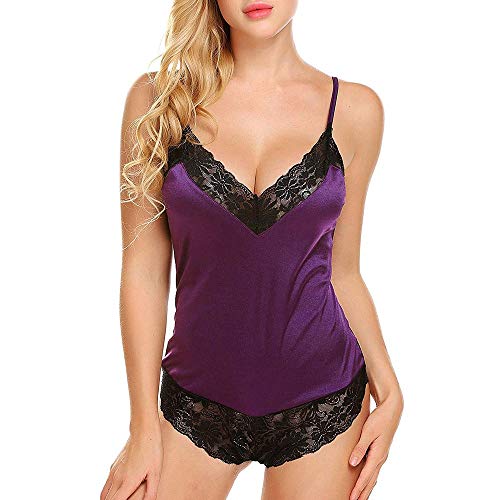 Valentine's Best Gifts for Sex!!! Hennta Women Plus Size Sexy Satin Lingerie Bodysuit V-Neck Lace Babydoll Short Jumpsuit Pajamas Mini Dress