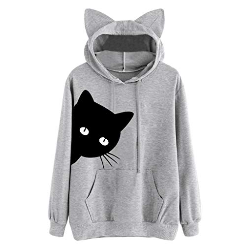 NUWFOR Womens Cat Print Long Sleeve Hoodie Sweatshirt Hooded Pullover Tops Blouse(Gray,XL)