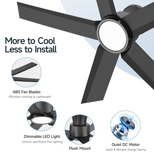 ocioc Ventiladores de techo con luces, 52 pulgadas, motor CC silencioso reversible, regulable, negro ventilador de techo para interiores y exteriores