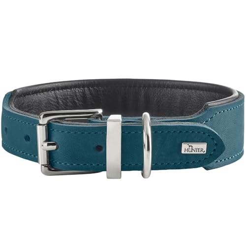 HUNTER Malta Dog Collar Colour: Petrol, Made of Oiled Soft Cowhide Leather, Soft Lined, Durable, Brilliant Colours, Handmade, Made in Germany, Size: 50