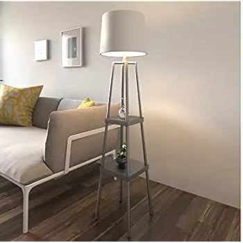 Floor Lamp Features 2 Shelves For Storage And Linen Fabric Shade