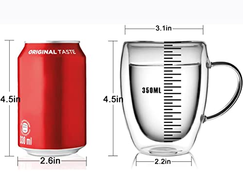 Taza para Cafe Doble pared Vidrio 350 ml (4 Piezas),Tazas para Cafe Espresso con Asa,Vasos pared Vidrio Transparentes para Capuchino,Café Expreso,Té,Ideales para Regalo