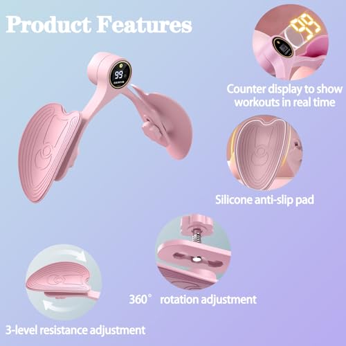 YJUFoar Hip & Thigh Trainer with Display Counter, Pelvic Floor Exercise Device, 3-Level Resistance Adjustable Inner Thigh Master for Women, Home Fitness Equipment for Hip, Legs & Buttocks