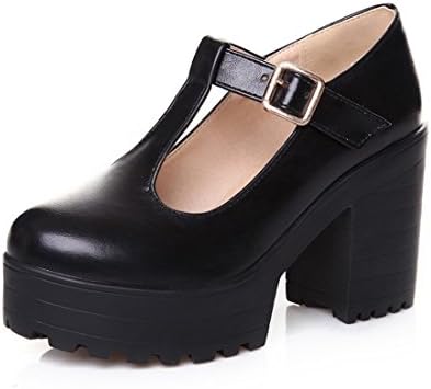 Milesline Fashion Women's Round Toe Platform Shoes T-Strap Chunky Heel Mary Jane Pumps