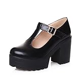 Milesline Fashion Women's Round Toe Platform Shoes T-strap Chunky Heel Mary Jane Pumps