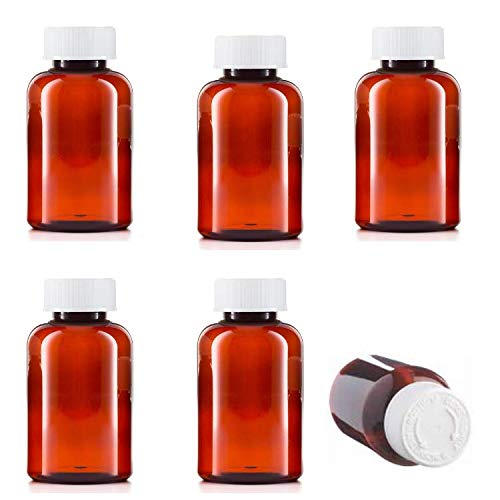 100ml Pill pots with lids, Empty Plastic Medicine Amber Bottles, Pill Storage pots and Child Safety caps, Strong Reusable Medicine Storage pots, 6 x 100ml Pill Pots and lids