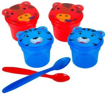 Kid’s Animal Friends 2¼" Plastic Snack Containers with Spoon: Giraffe and Tiger Design / Set of Four Containers with Two Spoons (Blue and Red)