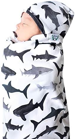 Yesyes Baby Swaddle Blanket, Newborn Infant Boy Girls Organic Muslin Sleeping Swaddle Wrap Cotton Receiving Blankets Hat Set Best (Shark)
