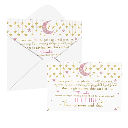Twinkle Little Star Baby Shower Thank You Cards (25 Pack) Prefilled Note from Girl – Individual Notecards with Envelopes…