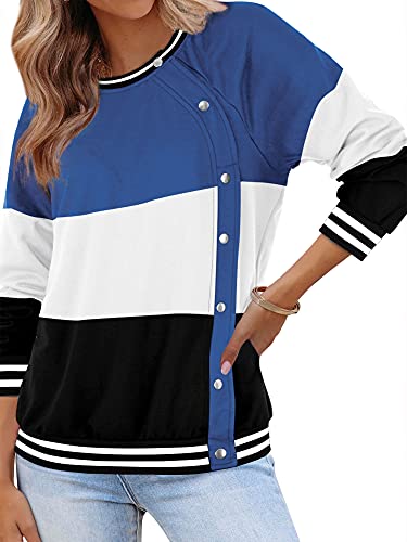 MYMORE Color Block Sweatshirts For Women Long Sleeve Crewneck Button Down Pullover Tops