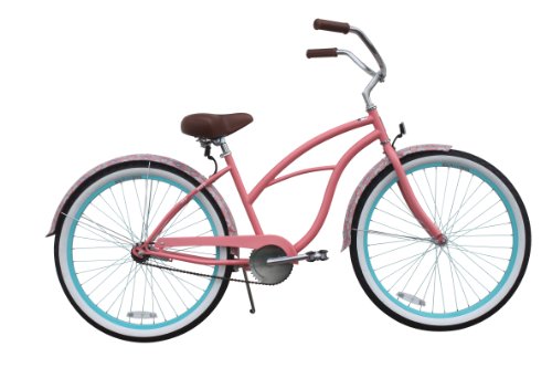 sixthreezero Women’s Single Speed Beach Cruiser Bicycle, Paisley Coral Pink w/Brown Seat/Grips, 26″ Wheels/17 Frame