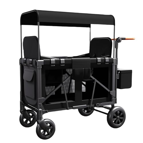 Collapsible 2-Seater Stroller Wagon for Kids, High Seats with 5-Point Harness, Adjustable Canopy, All-Terrain Wheels, Parent Organizer, Foldable Push Cart for Toddlers 0-6 Years (B2)