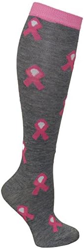 RSG Hosiery Knee High Socks For Teens & Women Solids & Patterns (Grey With Pink Ribbons)