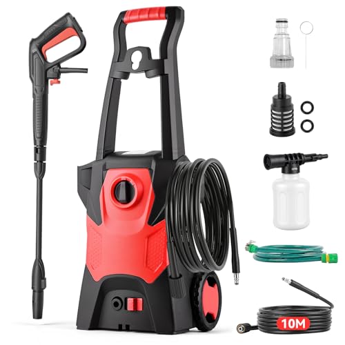 2000W Pressure Washer, Max 150 Bar Portable Pressure Washer with Foam Cannon and 10 m Tube, Electric Jet for Car, Terrace, Driveway, Fence, Floor Cleaning, Red