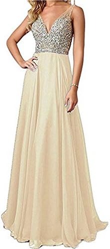 QSYE Women's Beaded Prom Dreeses Long V-Neck Chiffon Evening Gowns 2017 Champagne,8