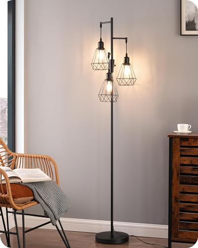 EDISHINE Stehlampe Wohnzimmer 166cm, Vintage Standleuchte Dimmbar, Industrial Stehleuchte Schwarz mit LED E27 Leuchtmittel, 3 Käfig Lampenschirm aus M