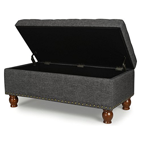 Asense Fabric Rectangle Tufted Lift Top Storage Ottoman Bench, Footstool with Solid Wood Legs, Nailhead Trim (Black Grey)