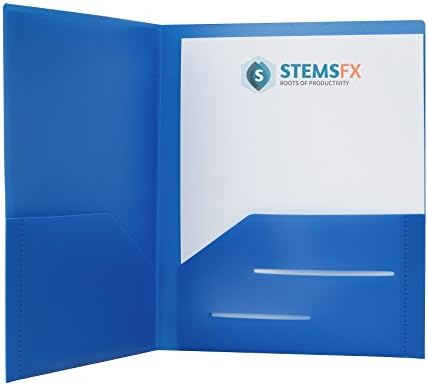 STEMSFX Heavy Duty Plastic 2 Pocket Folder - Pack of 12 Folders Blue - for Letter Size Papers, Includes Business Card Slot