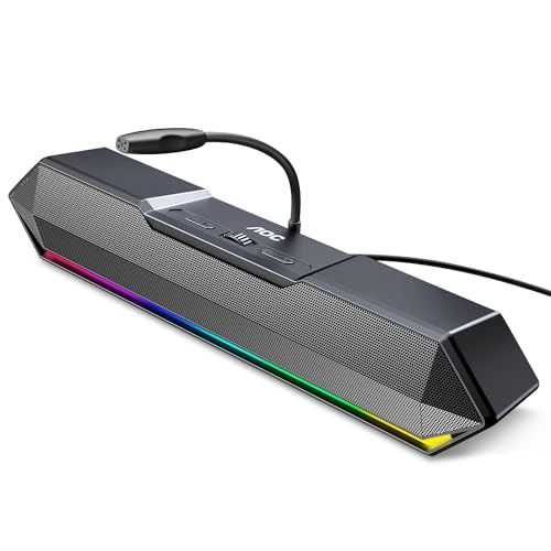 AOC ACS4650 Bocinas para PC, Micrófono Ajustable, Barra de Sonido con Cable USB, Altavoces estéreo con Luces LED, Compatible con Ordenadores, teléfonos móviles, Reproductores MP3 y PSP