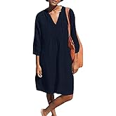 Lafural Womens V Neck Cotton Casual Loose Shift Tunic Smock Summer Dresses Vacation Dress 3/4 Sleeve Pocket