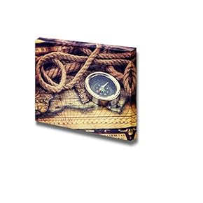 Canvas Prints Wall Art - Vintage Map with Compass and Old Rope | Modern Wall Decor/Home Decoration Stretched Gallery Canvas Wrap Giclee Print. Ready to Hang - 12" x 18"