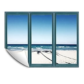 Wall Murals for Bedroom Fake Window Beach Blue Window Removable Wallpaper Peel and Stick Wall Stickers - 24x32 inches