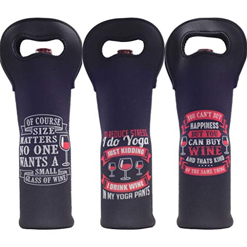Wine Tote Carrier Bag from Made Easy Kit Neoprene Champagne Bottle Protective Travel or Gift Bag -Set of 3 (Funny Wine Lines (Black))