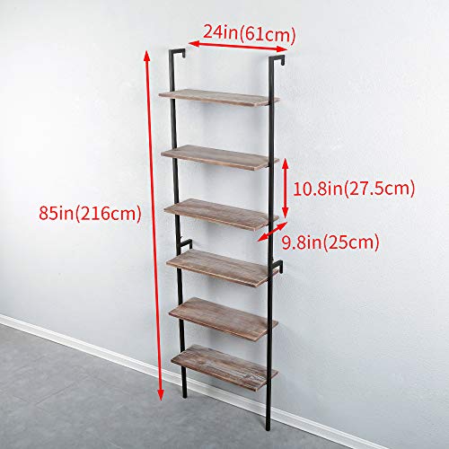 Industrial Tall Ladder Shelf Wall Ladder Shelves,6 Tier Rustic Wall Mounted Bookshelf,Metal