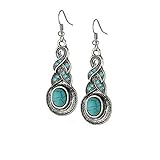 LiangXuanChen Retro Ethnic Tibetan Silver Oval Rimous Turquoise Crystal Drop Dangle Earrings