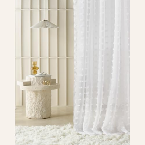 ROOM99 Casablanca Eyelet Curtain 400 × 260 cm Width x Height Living Room Transparent Modern Curtain Scarf Living Room Bedroom White Pompoms 1 Piece