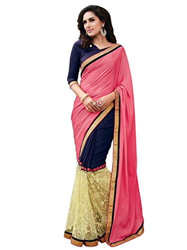 Shonaya Women's Embroidered Georgette Pink Half & Half Saree With Unstitched Blouse Piece