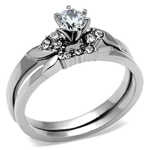 Stainless Steel Cubic Zirconia Traditional Wedding Band Ring Set, Size 8