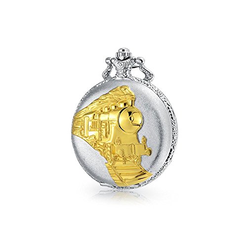 Bling Jewelry Silver and Gold Plated Steam Engine Train Simulated Quartz Mens Pocket Watch