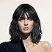 Dream Soul Short Black Curly Bob Wigs With Air Bangs Shoulder Length Synthetic Natural Black wigs for women（14''Natural Black)