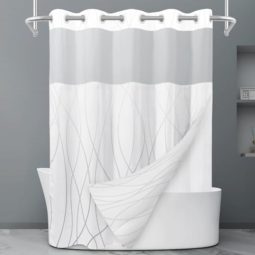 No Hook Ombre Grey White Striped Shower Curtain with Liner, 71x74 - Used condition - CA$29.36