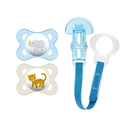 MAM Pacifier and MAM Pacifier Clip Value Pack (2 Pacifiers & 1 Clip), Pacifiers 0-6 months, Baby Boy Pacifier Animals Design, Baby Pacifier Clips, Blue & Orange